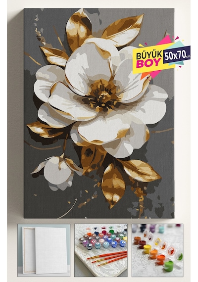 Sayılarla Boyama Seti Numaralı Tuval Fırça Boya Dahil Kasnaklı Set 50x70 Cm Altın Çiçek