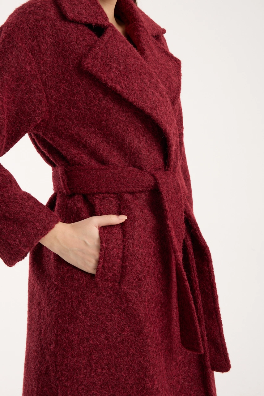 Bordo Buklet Kaşe Oversize Kaban Bordo