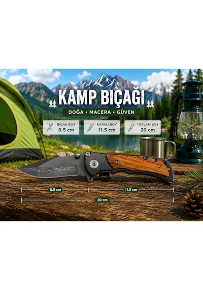 Kamp Bıcağı Çakı Şık Tasarım Ahşap Saplı Yarı Otomatik Modern Açık Gri