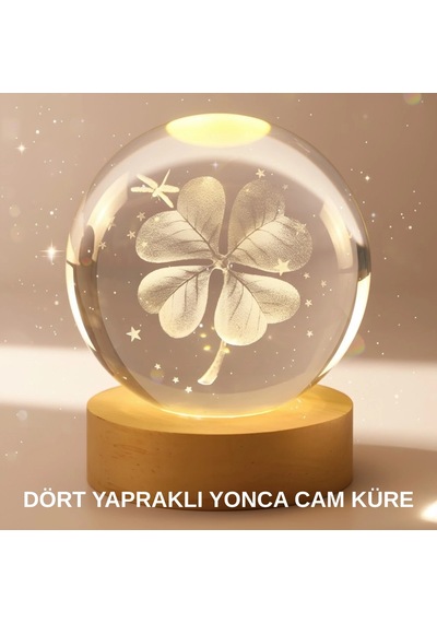 Bitki Temalı Led Işıklı Cam Küre Ahşap Standlı Gece Lambası