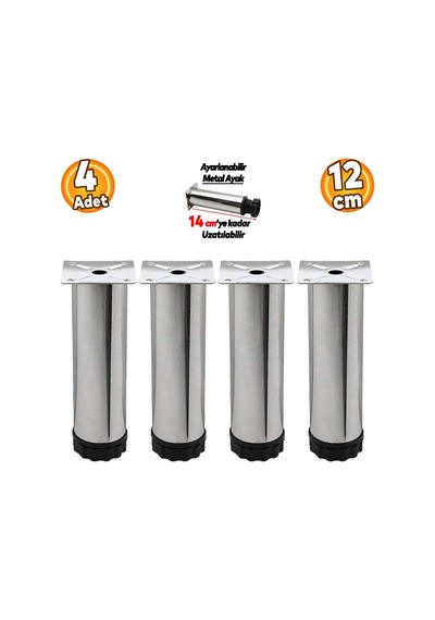Badem10 Ayarlanabilir Mobilya Kanepe Baza Koltuk Metal Destek Yükseltici Ayağı 12 Cm Krom Ayakları 4 Adet 6395751