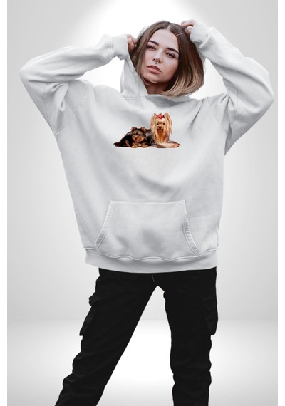 Yorkshire Teacup Ve Anne Köpek Kadın Erkek Beyaz Kapüşonlu Sweatshirt Hoodie Beyaz
