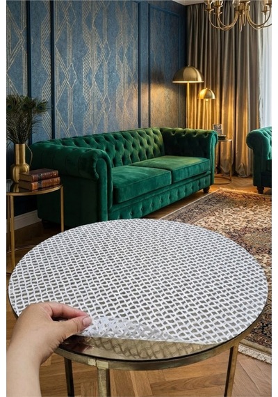 Yuvarlak Orta Sehpa Örtüsü Lüx Pvc Şeffaf, Krem, Modern, Şık, Dekoratif, Çeyizlik