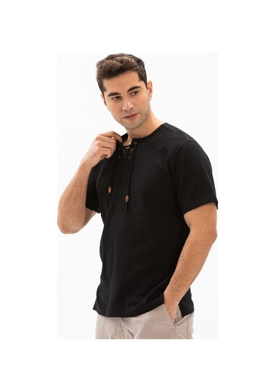 Kısa Kol Şile Bezi Zımbalı Erkek Tshirt Siyah 3003