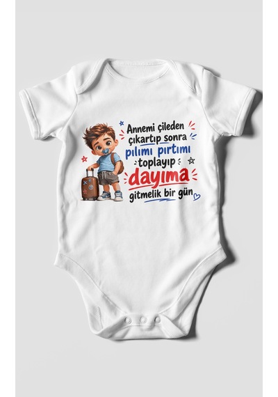 Morivokids Anneye Ve Dayıya Özel Kısa Kollu Bebek Body %100 Pamuk Beyaz