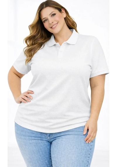 Gizers Giyim Pike Kumaş Düğmeli Yaka Battal Büyük Beden Günlük Kısa Kol Tişört T-shirt - Beyaz