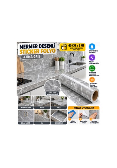 Mermer Desenli Sticker Folyo Atina Grisi 60cm 5mt Beyaz - Çok Renkli