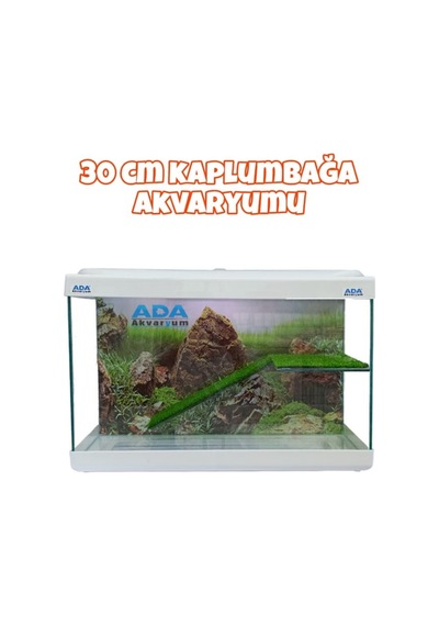 Ada Akvaryum Su Kaplumbağası Akvaryumu Bahçeli Rampalı Dinlenme 35x25x15 Cm Arka Plan Hediyeli
