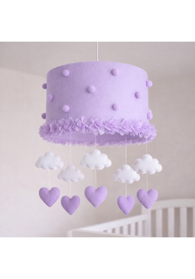 El Yapımı Lila Çiçekli Bulut Kalp Avize Kız Bebek Odası Şık Aydınlatma 30x20 Cm Lila