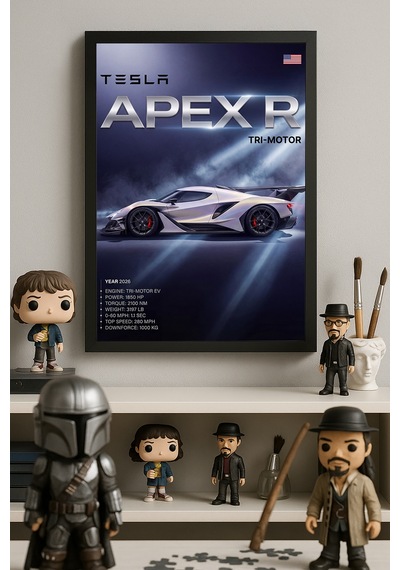 Tesla Apex R Siyah Ahşap Çerçeveli Poster, Dekoratif Araba Duvar Tablosu