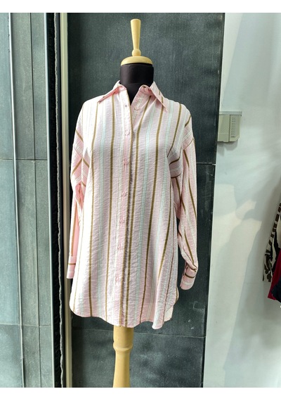 Pera Moda Oversize Çizgili Uzun Kadın Gömleği Pembe