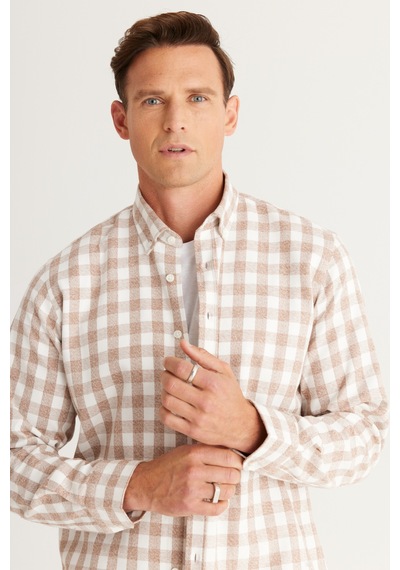 AC&Co / Altınyıldız Classics Erkek Ekru Kahve Comfort Fit Rahat Kesim Düğmeli Yaka Flanel Oduncu Gömlek Ekru - Kahverengi AC&Co / Altınyıldız Classics Erkek Ekru Kahve Comfort Fit Rahat Kesim Düğmeli Yaka Flanel Oduncu Gömlek Ekru - Kahverengi