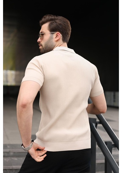 Madmext Taş Rengi Yarım Fermuar Detaylı Polo Yaka Triko Erkek Tişört E7492