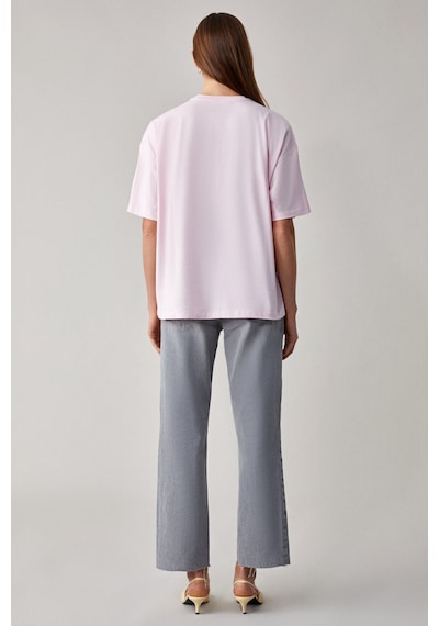 Grimelange LAGERTHA  Kadın %100 organik Pamuklu Kalın Dokulu Oversize Fit Yuvarlak Yakalı Açık Pembe T-Shirt
