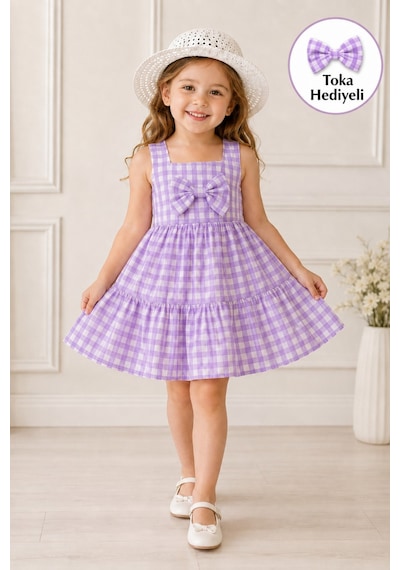 Esila Kids Kız Çocuk Ekose Elbise Toka Hediyeli Fiyonklu Askılı Katlı Etekli Yazlık Model Mor