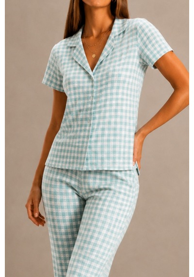 Kadın Kısa Kol Rahat Kalıp Şık Su Yeşili Pijama Takımı