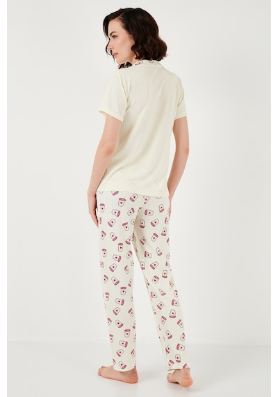 Lela Regular Fit Gömlek Yaka Kısa Kollu Bayan Pijama Takımı 65740102 Bej-Pembe