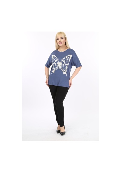 Kelebek Baskılı Taşlı Büyük Beden Kadın Tshirt 37B-2096 Çok Renkli