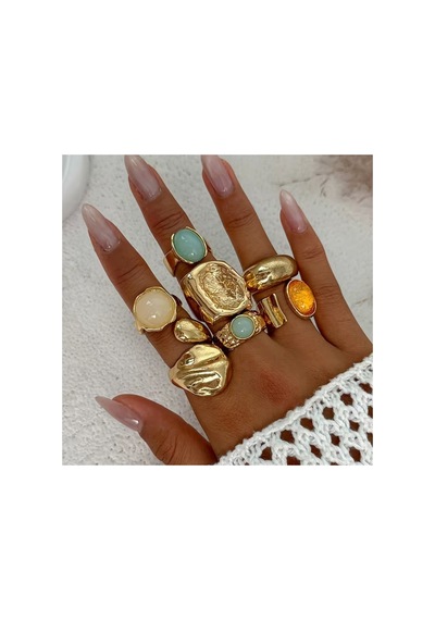 Susie Model 8'li Set Pastel Doğal Taş Görünümlü Vintage Gold Yüzük Kombini Bronz