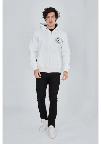 Freedom Storee Erkek 3 İplik Pamuklu Fermuarlı Kapüşonlu Kanguru Cepli Baskılı Hoodie Hırka Sweatshirt - Beyaz Çok Renkli