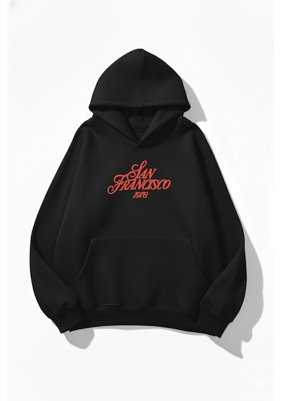 Uyguntarz Unisex Yumuşak Dokulu San Francisco Baskılı Tasarım Oversize 3 İplik Hoodie Sweatshirt siyah