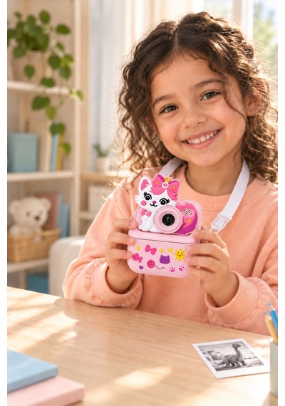 Kj/zm-001 Zoomy-c Kedi Figürlü Anında Baskılı Çocuk Fotoğraf Makinesi, Çift Kamera, 2,4 İnç Ekran, 1080p Video, 3+ Yaş Pembe