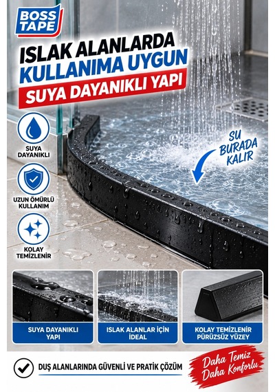 Kendinden Yapışkanlı Su Bariyeri Siyah 2 Metre 15 Mm Esnek Duşakabin Su Tutucu Bant Su Bariyeri