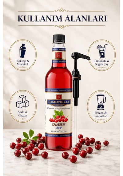 Simonelli Kızılcık Cranberry Aromalı Kahve ve Kokteyl Şurubu 700 ML + Pompa