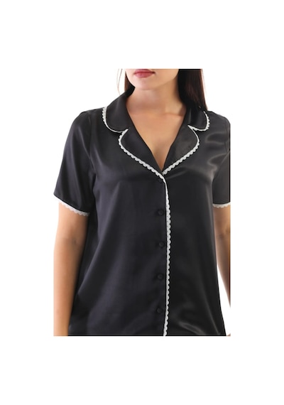 Kadın Siyah Saten Dokuma Dantel Biyeli Şık Pijama Takımı