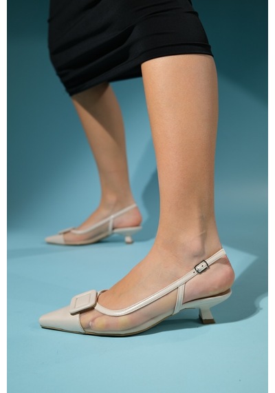 Luvishoes Amora Bej Tokalı Kadın Kısa Topuklu Ayakkabı Bej
