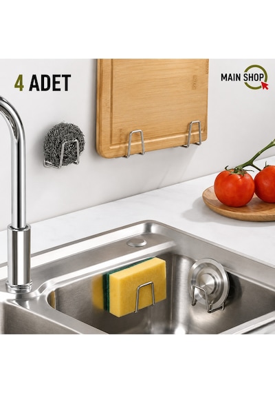 Mainshop 4 Adet Bulaşık Süngeri Tutacağı Paslanmaz Çelik Yapışkanlı Sünger Tutucu Çok Amaçlı Askı M-sng1 Gümüş
