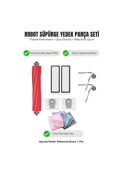 Roborock Qrevo L Pro İle Uyumlu 1 Ana Fırça 2 Yan Fırça 2 Filtre 2 Toz Torbası 1 Temizlik Bezi 15.0