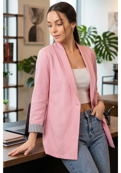 Armonika Kadın Pembe Kol İçi Çizgili Tek Düğmeli Ceket Arm-22k001122