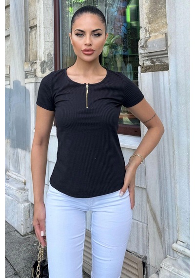 Kadın Siyah Kısa Kol, Fermuar Yaka Detaylı, Fitilli Terletmez Kumaş, Rahat Bluz, Tshirt SIYAH