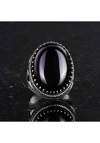 El Yapımı Doğal Taş Yüzük, 925 Ayar Gümüş Erkek Yüzük İle Osmanlı Mührü - Görkemli Ve Şahane Tasarım Obsidyen Gümüş