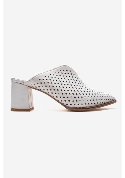 Luvishoes Toen Beyaz Cilt Hakiki Deri Kadın Kalın Topuklu Terlik