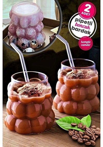 2li Boncuklu Pipetli Cam Bardak Üzüm Tanesi Şeklinde 350 Ml. Meşrubat Su Kahve Sunum Bardağı Seti