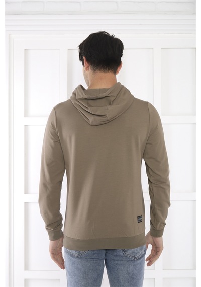 Escetic Spor Erkek Haki Cepli, Kapüşonlu Sweatshirt-4171