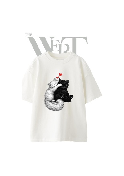 Thewert Ask Kedileri Tasarım Baskılı Ünisex Beyaz Oversize T-shirt