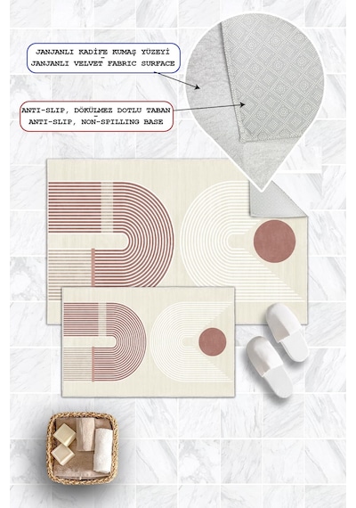 Dijital Baskı Modern Kaymaz Taban 2li Set Banyo Paspası Klozet Takımı 50x60cm-60x100cm Pembe