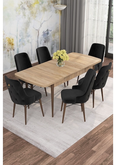 Mona Meşe Desen 80x132 Açılabilir Mdf Masa Yemek Odası Takımı, Mutfak Takımı 6 Adet Sandalye Meşe Masa - 6 Siyah - Ceviz Ayak Mona Meşe Desen 80x132 Açılabilir Mdf Masa Yemek Odası Takımı, Mutfak Takımı 6 Adet Sandalye Meşe Masa - 6 Siyah - Ceviz Ayak