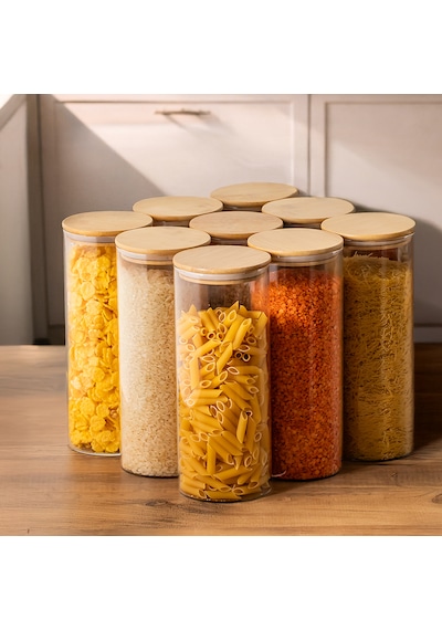 Porsima 4-3 Bambu Vakumlu Kapaklı Yuvarlak Borosilikat Cam 9lu Kavanoz Seti Saklama Kabı 2100ml 10x30cm Şeffaf