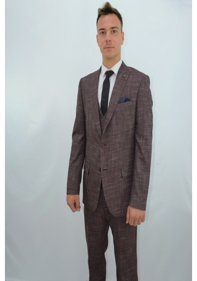 Presto Erkek Yelekli Slimfit Takım Elbise 6 Drop Bordo-777-800 Bordo