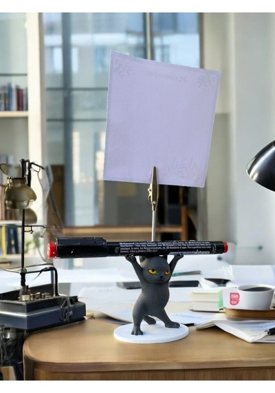 Antrasit Renk Kalem Tutabilen Dansçı Kedi Fotoğraf Not Tutacağı Ofis Masası Hediyelik Turuncu