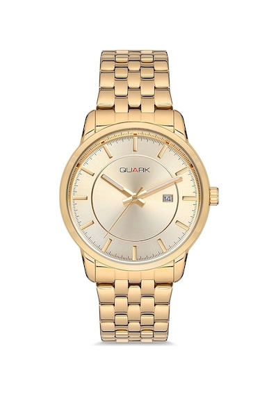 Quark Qc-424g-9a Metal Kasa Çelik Kordon Takvimli Erkek Kol Saati Altın