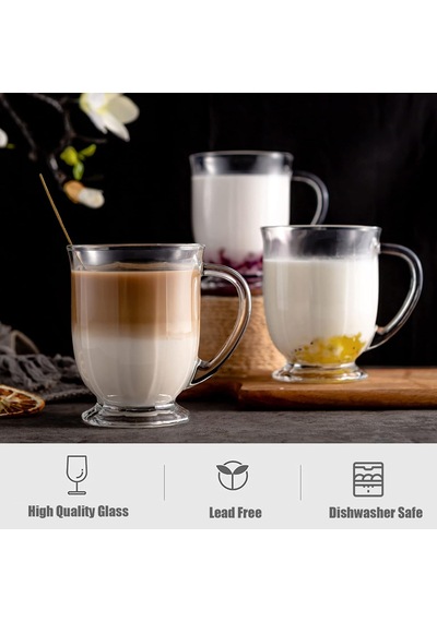 Tr Cam Kahve Kupaları 8'li Set, 15oz Kulplu Büyük Kapasiteli Cam Kahve Kupaları, 8 Kaşıklı Şeffaf Kahve Kupası, Diğer