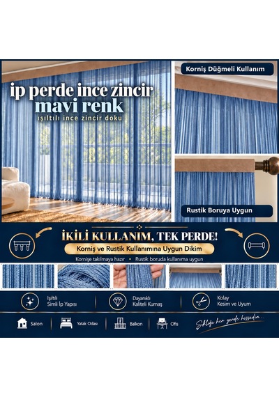 İp Perde Özel Seri İnce Zincir Mavi En 100 Cm Boy 300 Cm Korniş Ve Rustik Kullanıma Müsait