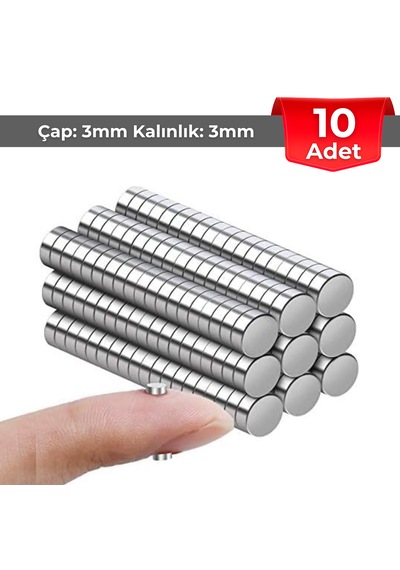 10 Adet Neodyum Mıknatıs Çap: 3mm Kalınlık: 3mm D3x3 Ndfeb Güçlü Mıknatıs Yuvarlak Nm102