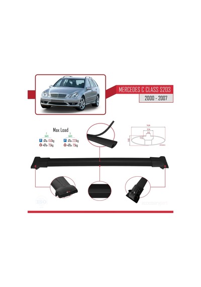 Mercedes C Class S203 2000-2007 Arası İle Uyumlu Fly Model Ara Atkı Tavan Barı Siyah