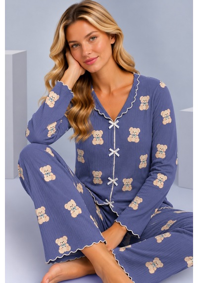 Pijamask Kadın Desenli Fiyonk Detaylı Düğmeli Uzun Kollu Müslin Pijama Takımı İndigo Mavi-8 Pijamask Kadın Desenli Fiyonk Detaylı Düğmeli Uzun Kollu Müslin Pijama Takımı İndigo Mavi-8